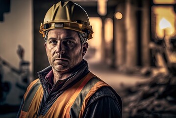 Close up portrait of senior construction engineer wearing safety helmet and uniform, working on new project in sunset golden hour.