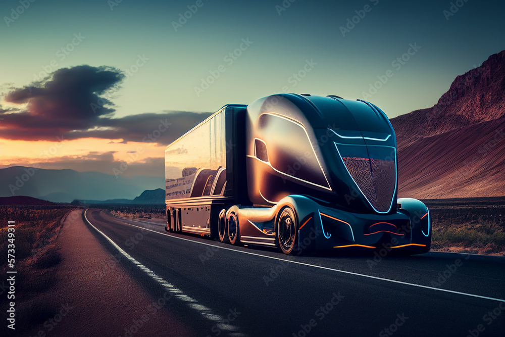 Electric semi truck. EV Truck with Semi-trailer on highway. EV Semi ...