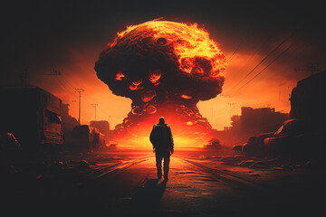 War. Explosion of building in city as a result of war. Nuclear explosion and nuclear war. Destroyed building during bombardment, shelling. Military invasion and aggression. End of world. Ai Generative