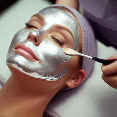 Woman lying on the couch with silver cosmetic mask on her face, beautiful woman in beauty salon, for beauty salons advertising banners, package design