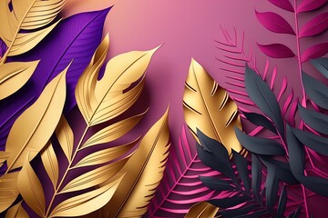 Wall Mural - Luxury golden tropical leaves background with detailed realistic florals on trendy vivid colors background. Foil glossy jungle leaves on purple blue backdrop for summer party