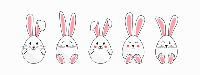 Wall Mural - Easter egg with bunny ear and paw. Cute rabbit emoji face icon, cartoon animal character set isolated on white background. Holiday vector illustration