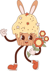 Wall Mural - Retro character easter cake cupcake with a bouquet of flowers