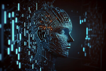 Technology background of 3d grid head with blurred lines on dark. Artificial intelligence concept for business and science. Generative AI