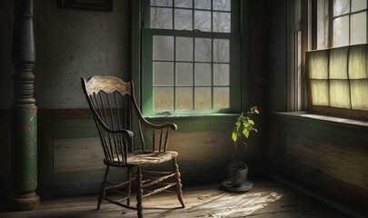  a rocking chair sitting in a room next to a window.  generative ai