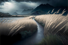A Wandering Path Through Pampas Grass Near A River After A Violent Storm.