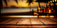 Empty Wooden Table Top Product Display Showcase Stage. Tropical Summer Sunset Beach Bar Background. Generative Ai