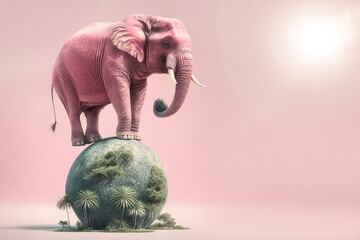 A pink elephant is on a ball, an African elephant is swinging on a ball. Pink background, Generative ai