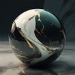Beautiful decorative glass black, white, gold marble ball reflecting light. AI-generated