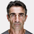 © Zelma - Face portrait of a casual middle-aged man on a white square background, generative ai