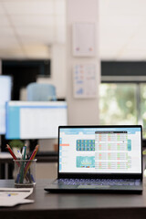 Analysis of financial statistics on laptop with graphs for business planning, stock market investment strategy. Portable computer with financial data analysis system in a modern office.