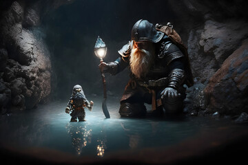 Warrior gnome in dark cave corridor with fantasy staff. Neural network AI generated art