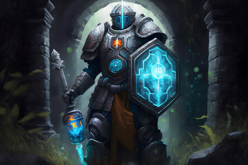 futuristic viking warrior science fiction barbarian robot knight. neural network ai generated art