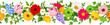 Horizontal seamless border with colorful spring flowers (gerbera, tulip, daisy, hyacinth, and lily of the valley flowers) and green leaves. Floral garland. Vector illustration