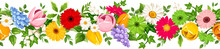 Horizontal Seamless Border With Colorful Spring Flowers (gerbera, Tulip, Daisy, Hyacinth, And Lily Of The Valley Flowers) And Green Leaves. Floral Garland. Vector Illustration