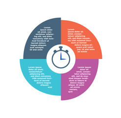Poster - Infographic with diagram. Circle with multicolored parts and silhouette of clock, time estimation and work with information. Data visualization and analytics. Cartoon flat vector illustration