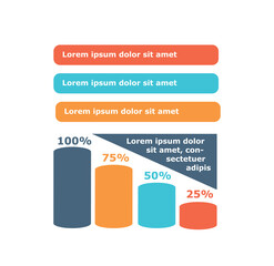Poster - Infographic with charts. Red, yellow, blue and gray bar with different percentages and size. Marketing research and data analysis, information visualization. Cartoon flat vector illustration