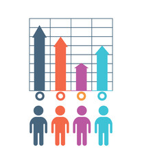 Poster - infographic with charts. silhouettes of people in purple, blue, red and gray under graph. marketing 