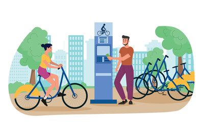 Poster - Bicycles for rent. Man gives transport for money, travel and recreation. Modern outdoor service. Automated bike rental system at nature. Payment with money and card. Cartoon flat vector illustration