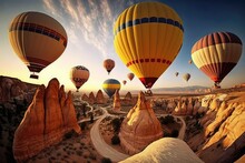 Hot Air Balloons At Sunrise In Cappadocia, Turkey, Generative Ai