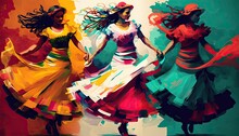 Dancing Mexican Women With Colorful Skirts. Abstract Celebration. Cinco De Mayo. Traditional Latin American Art.