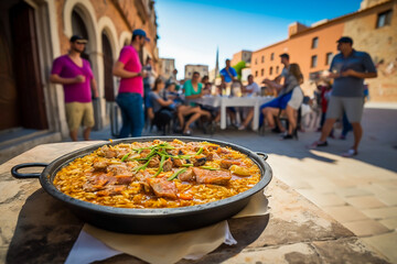 The table in the Spanish terrace with Spanish paella with seafood served in a pan. Fresh Shrimp, Scampi, mussels, squid, octopus and scallops. Spanish typical, comida española, generative ai