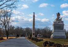 Monuments Along Doubleday Avenue In The Gettysburg National Military Park In Gettysburg, Pennsylvania, USA On A Sunny Winter Day