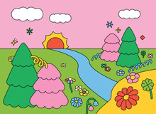 Cartoon Background Of Pink Sky. Fantasy Landscape With Cute Nature Objects. Outline Simple Vector Illustration.