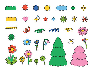 Poster - Cute decoration elements. Trees, flowers and shapes. outline simple vector illustration.