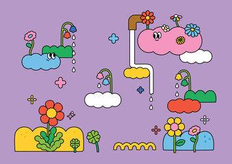 Wall Mural - Abstract cartoon illustration with cute clouds and flowers raining. outline simple vector illustration.