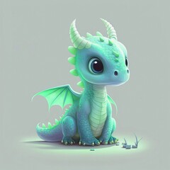 Pretty light blue dragon with big eyes, cartoon character. Blue baby dinosaur, pretty creature.