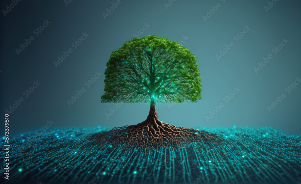 A beautiful large tree growing on the micro chip computer circuit board ...