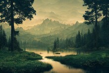 Wallpaper Painted In Vintage Colors - A Landscape Pattern Of Ancient European Forests Of Trees With A Lake In The Background - Digital Painting -1. Generative AI