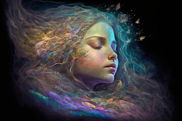 Abstract woman dream decorated by harmony and endless colors of star in the sky background . Sleeping beautiful girl imagination . Sublime Generative AI image .