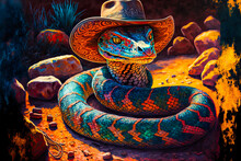 Rattlesnake Wearing Cowboy Hat, Old West. Generative AI