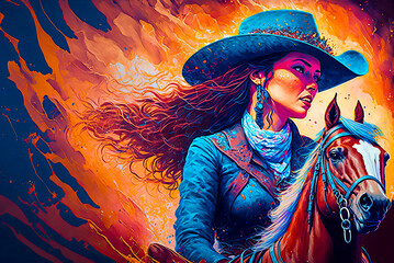 Cowgirl on horseback portrait, copyspace, Old West. Generative AI