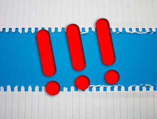 Poster - Exclamation mark text with Torn, Crumpled White Paper on colored background.