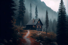 A Cabin In The Middle Of A Forest With Fog And Trees On The Mountain Side And A Foggy Sky Above It, With A Path Leading To A Cabin In The Middle Of The Woods. Generative AI