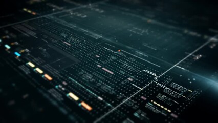 Poster - Futuristic abstract de-focus data matrix, meta, metaverse, telemetry and encrypt numbers display with particles simulation in cyber space environment for head up display background