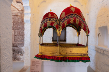 Wall Mural - Jodhpur, Rajasthan, India - 19th October 2019 : Elephant Howdah, wooden frame seats for Maharajas, at Mehrangarh museum. King used to travel in this palanquin carried by elephants in ancient times.