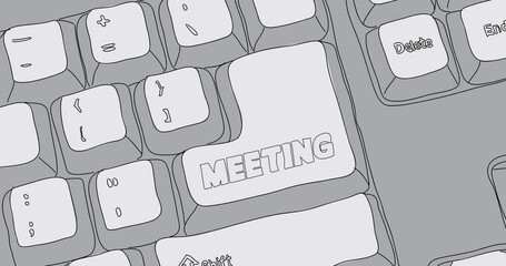 Poster - Computer Keyboard with Meeting text. Close-up of an electronic Computer Device part, keypad. Dancing thin lines.