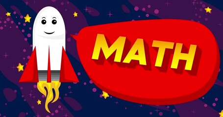 Poster - Rocket in space with Math text in red speech bubble. Cartoon Animation.