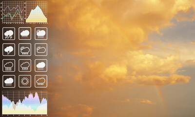 Wall Mural - weather forecast symbol data presentation with graph and chart on dramatic atmosphere panorama view 