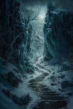 Fantasy Landscape. Path In The Winter Forest. Generative AI