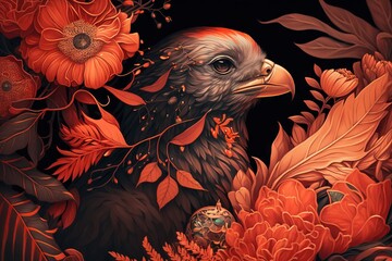 Wall Mural - Eagle with a bouquet of red flowers on a black background. Generative AI