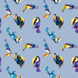 Toucan exotic tropical birds watercolor seamless pattern on white blue.