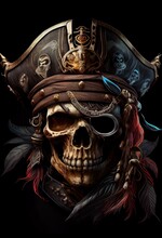 Illustration Of An Old Skull Pirate On Board A Ship, A Portrait Of A Captain, A Sea Wolf, Black Background, Generated AI