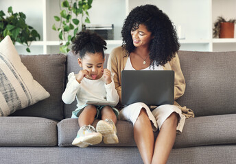 Aufkleber - Black family, child and funny selfie with technology on home couch for remote work or online education. Woman or mother and kid on tablet and laptop internet for learning development, games and movie