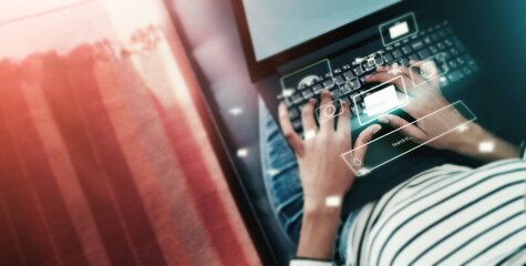 Aufkleber - Top view, laptop or hands on search engine browser, 3d abstract networking or iot home research. Woman, technology or keyboard and hologram, seo or searching in futuristic digital transformation