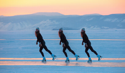 A young happy woman is skating on the transparent ice of the frozen Lake Baikal on a sunny winter day - World-famous figure skater 